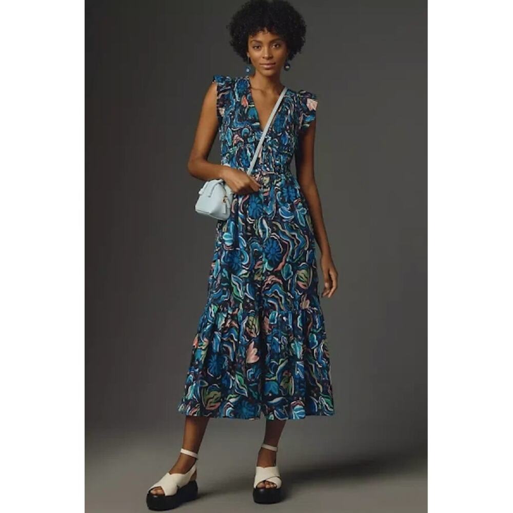 NEW NWT Anthropologie Peregrine Midi Dress Blue Printed Floral Sleeveless Size S